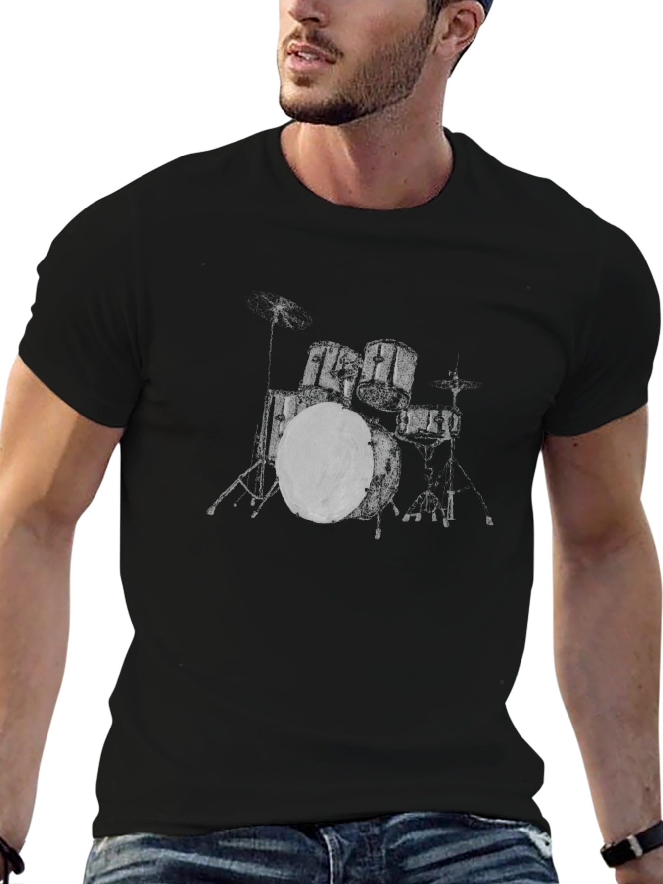 Drum Kit Graphic Tee - Black Cotton Crew Neck T-Shirt