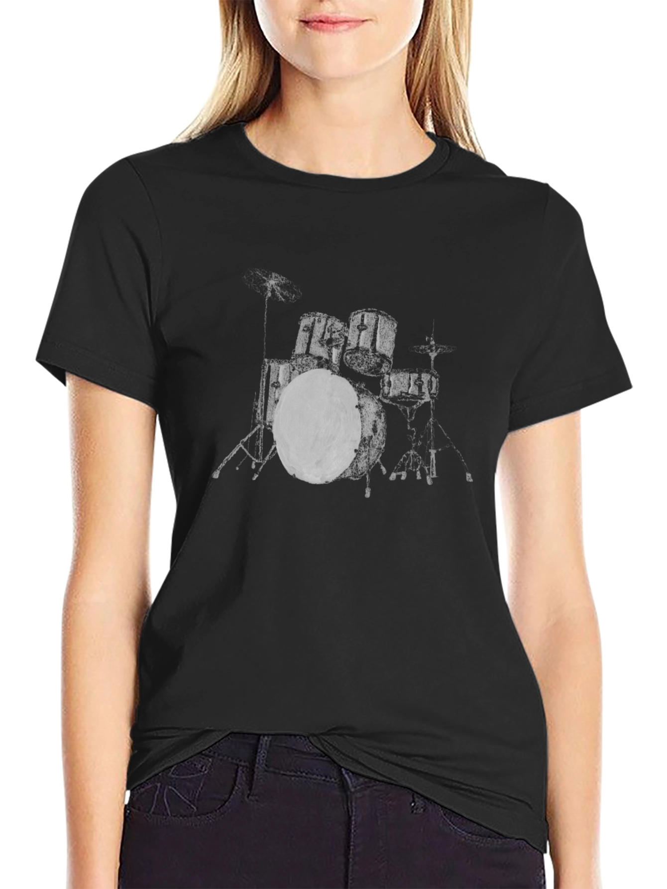 Drum Kit Graphic Tee - Black Cotton Crew Neck T-Shirt