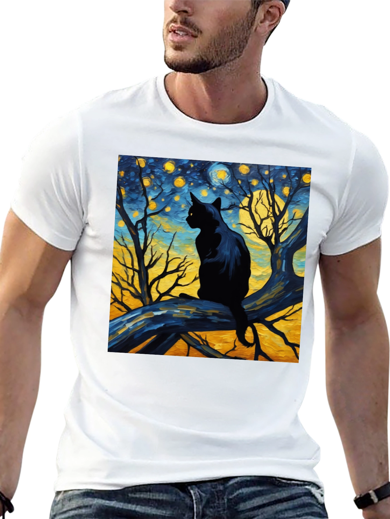 Starry Night Cat Tee - Artistic Black Cat T-Shirt