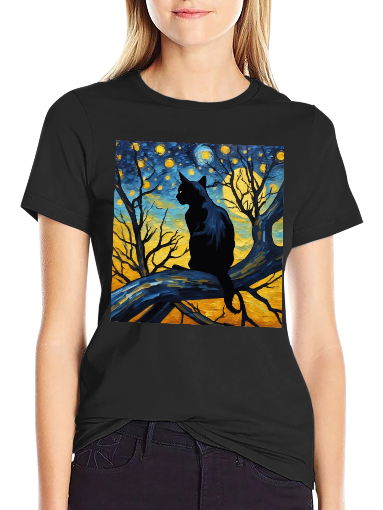 Starry Night Cat Tee - Artistic Black Cat T-Shirt