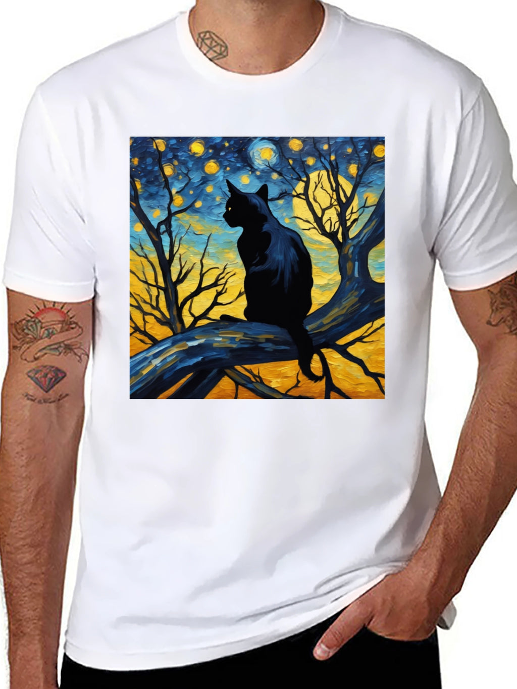 Starry Night Cat Tee - Artistic Black Cat T-Shirt