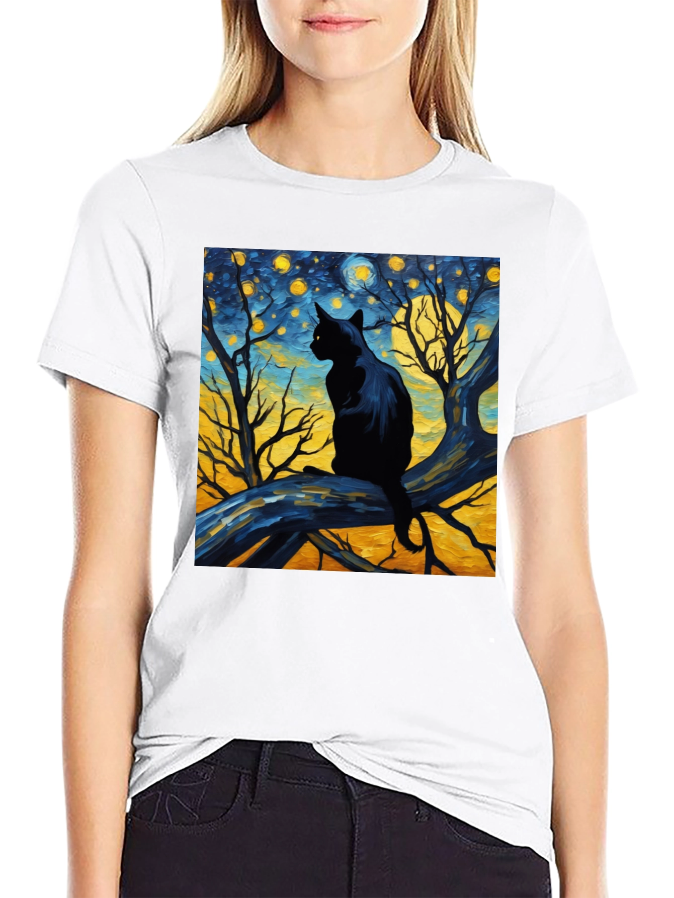 Starry Night Cat Tee - Artistic Black Cat T-Shirt
