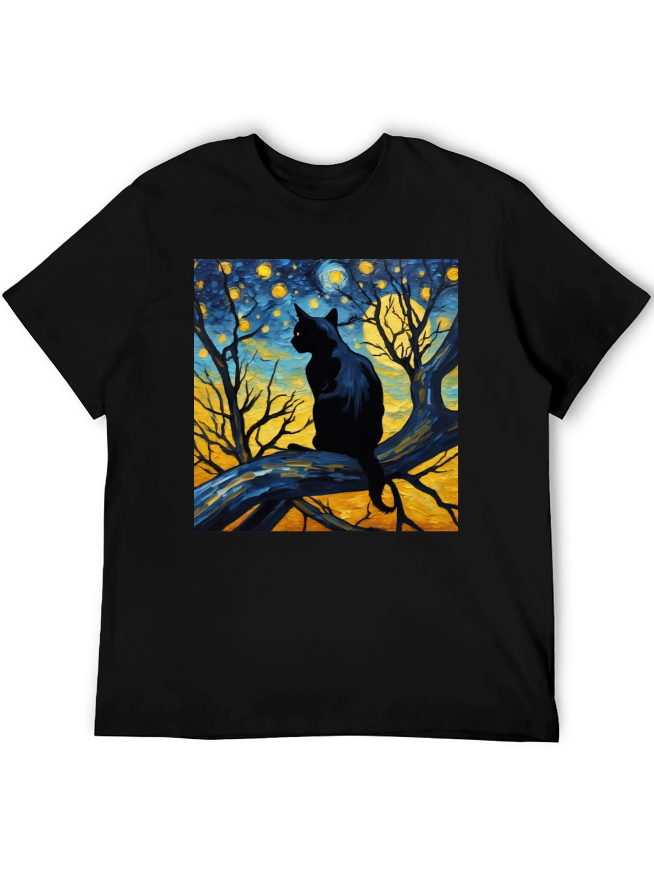 Starry Night Cat Tee - Artistic Black Cat T-Shirt