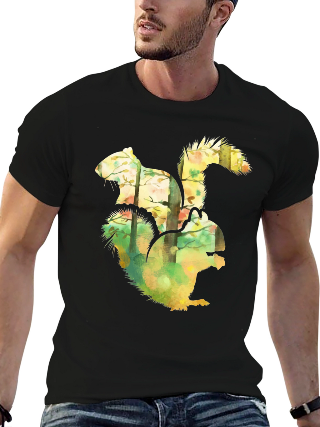 Squirrel Forest Graphic Black T-Shirt