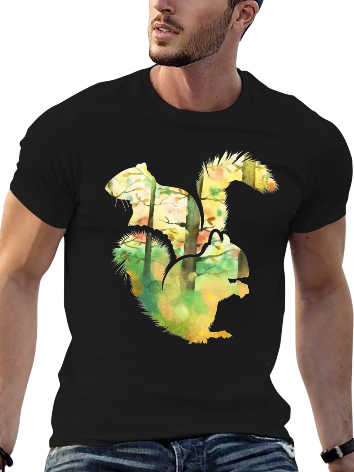 Squirrel Forest Graphic Black T-Shirt