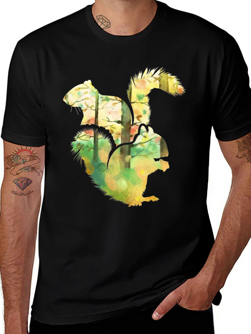 Squirrel Forest Graphic Black T-Shirt