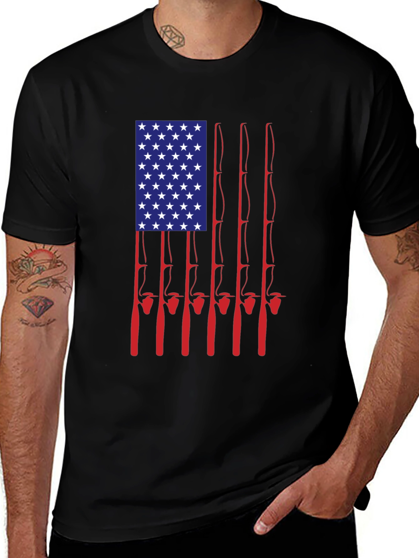 American Flag Fishing Rods Graphic Tee - Black