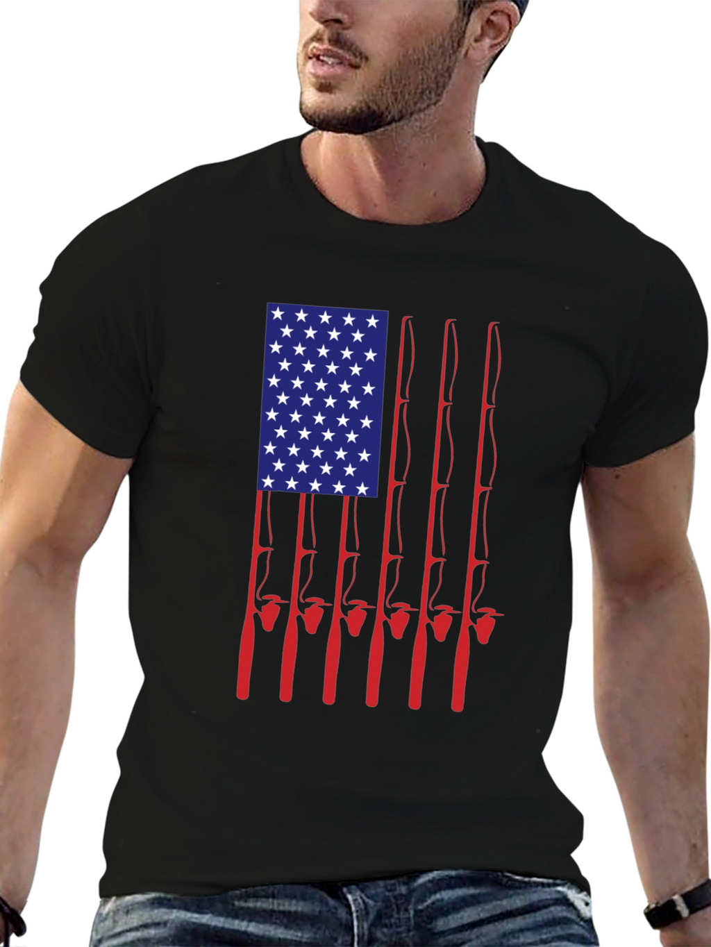 American Flag Fishing Rods Graphic Tee - Black