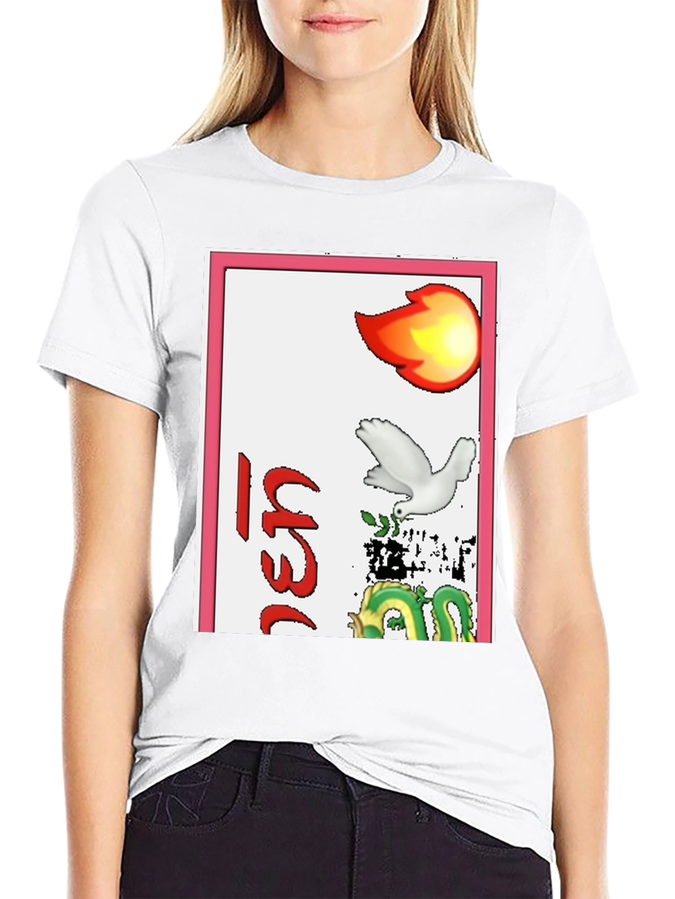 Graphic T-Shirt with Dragon Dove and Flame Design