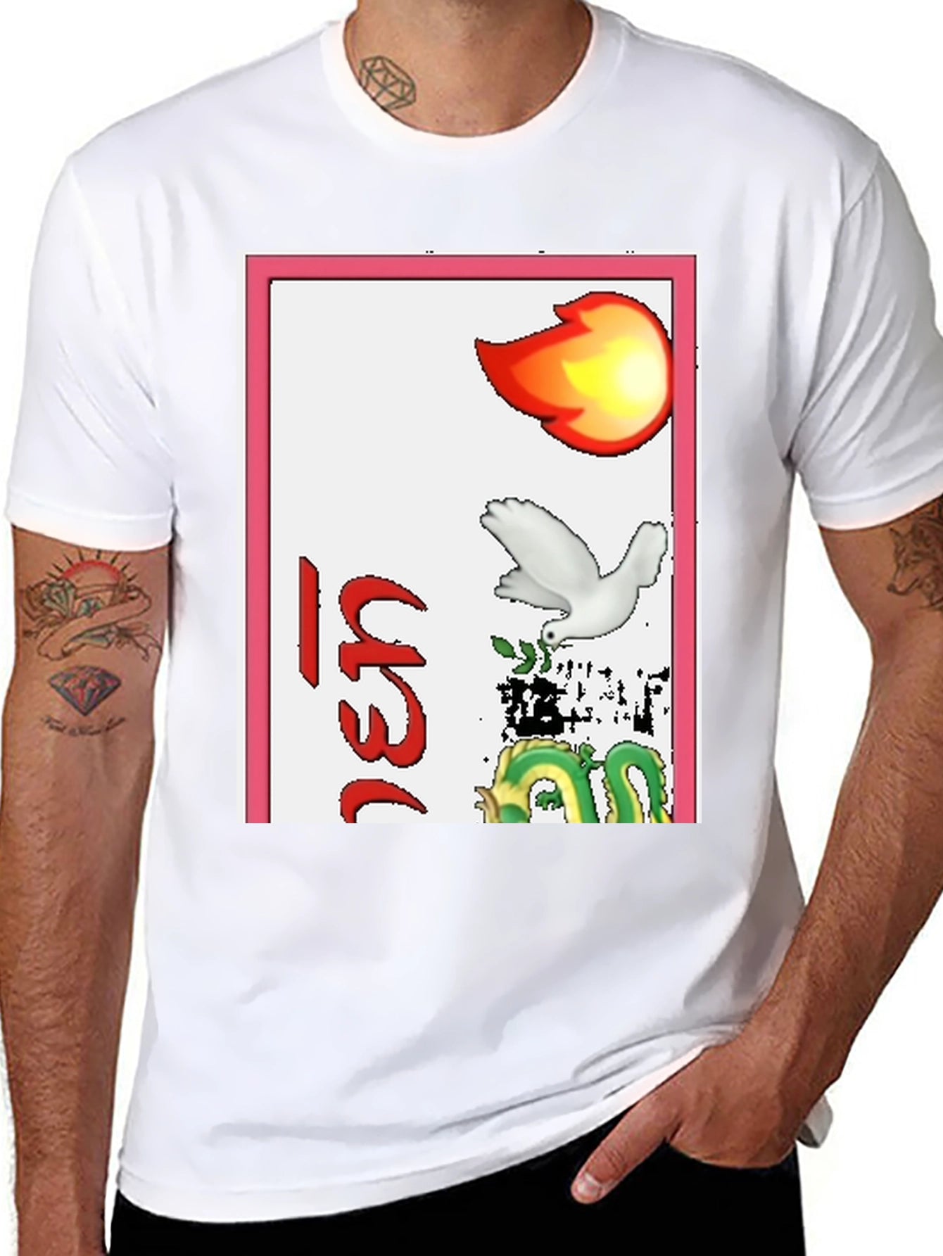 Graphic T-Shirt with Dragon Dove and Flame Design