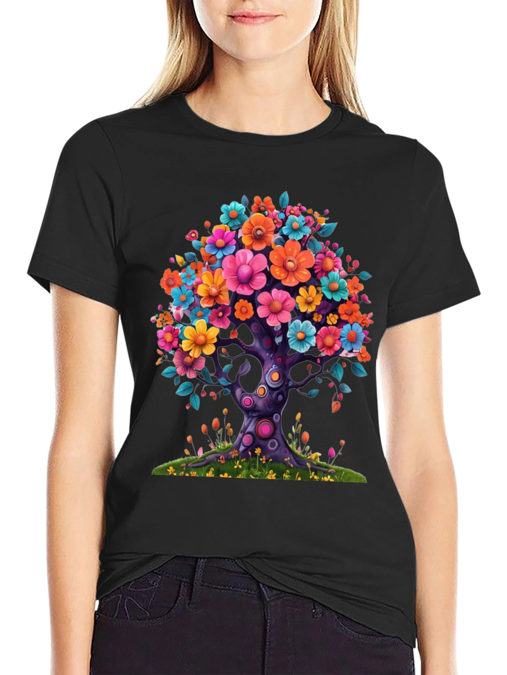 Floral Tree Graphic Black T-Shirt