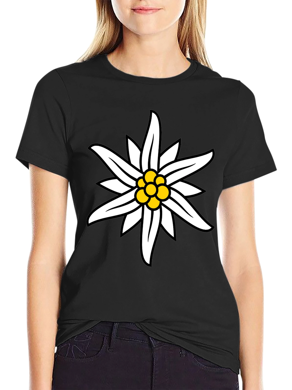 Edelweiss Flower Graphic Black T-Shirt