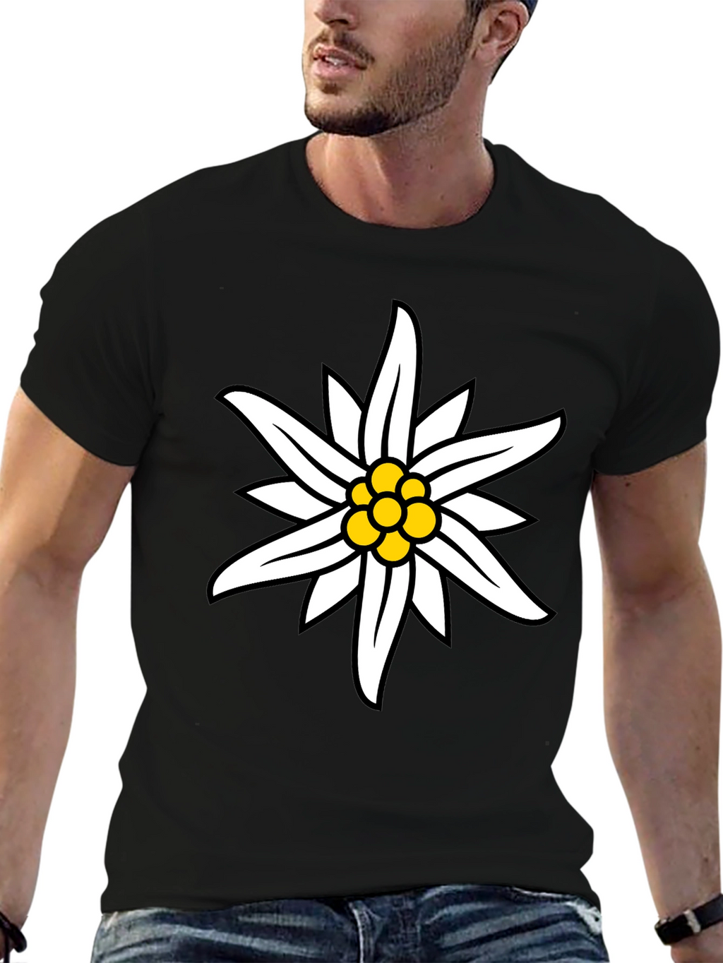 Edelweiss Flower Graphic Black T-Shirt