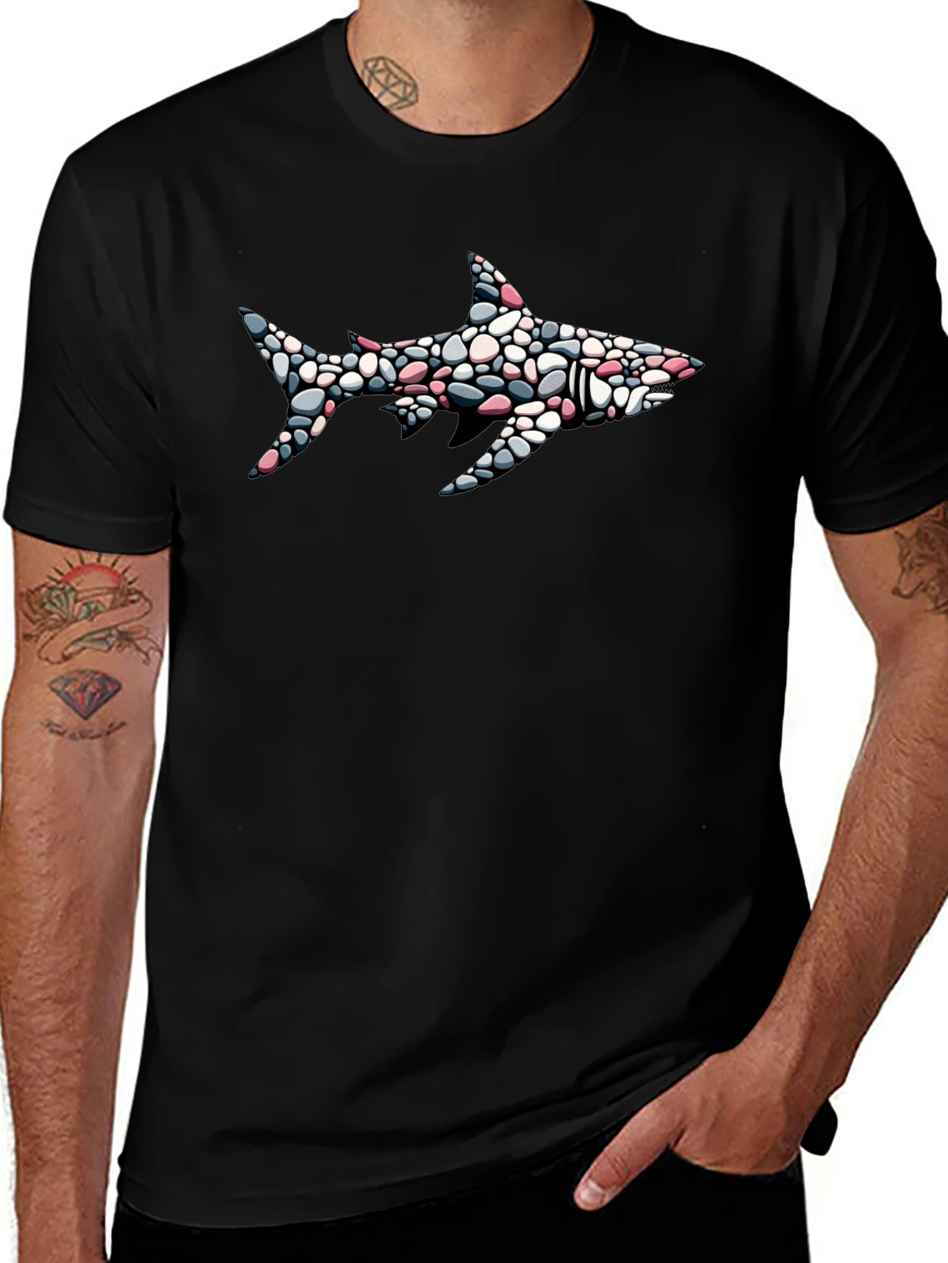 Shark Pebble Art Graphic Tee - Mens Black T-Shirt